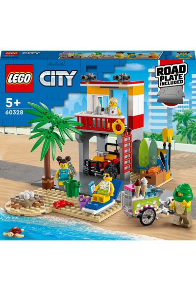 LEGO® City Plaj Cankurtaran Merkezi 60328 - 5 Yaş ve Üzeri Çocuklar İçin 4 Minifigür ile Yengeç ve Kaplumbağa Figürleri İçeren Oyuncak Yapım Seti (211 Parça)