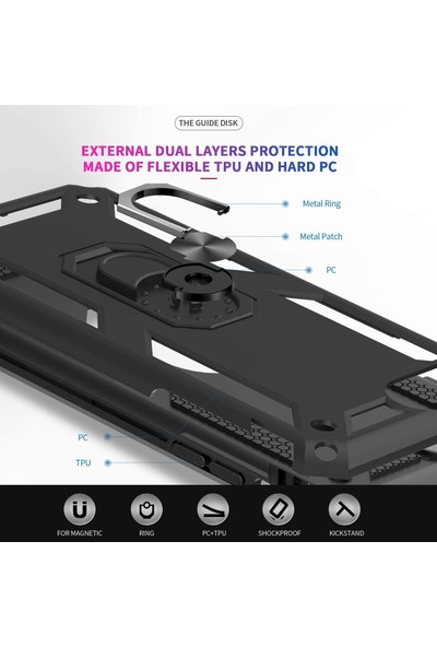 I-Veys Xiaomi Redmi 9c Kılıf Armor Serisi Çift Katmanlı Metal Yüzüklü Standlı Tank Vega Sofya Silikon Kapak - Rose Gold