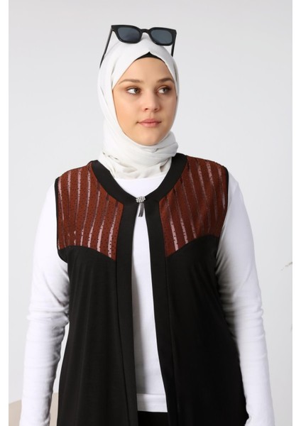 Kadin Buyuk Beden Transparan Taşlı Uzun Yelek