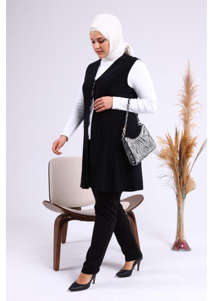 Kadın Büyük Beden Üç Düğmeli Likralı Yelek