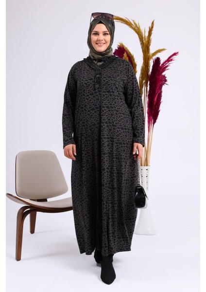 Kadın Büyük Beden Leopar Desenli Anne Elbisesi Kışlık