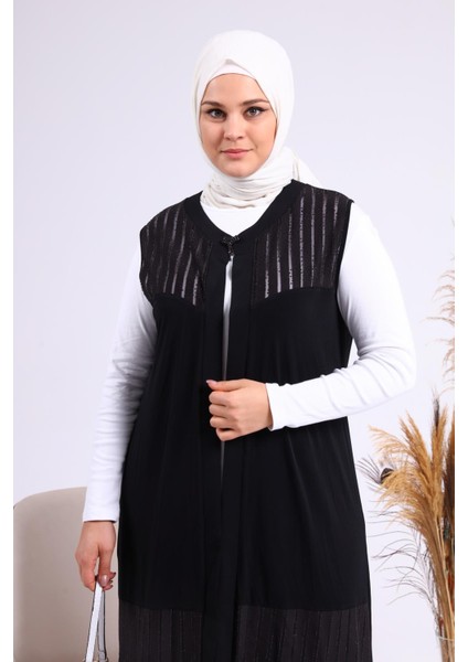 Kadin Buyuk Beden Transparan Taşlı Uzun Yelek modelleri