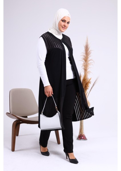 Kadin Buyuk Beden Transparan Taşlı Uzun Yelek fırsatları