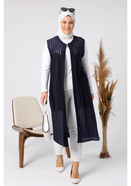 Kadin Buyuk Beden Transparan Taşlı Uzun Yelek