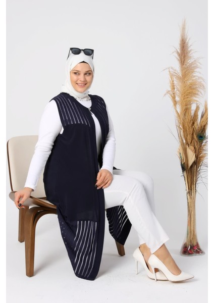 Kadin Buyuk Beden Transparan Taşlı Uzun Yelek indirimleri