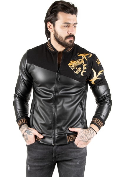 Geometrik Desenli Taşlı Suni Deri Erkek Mont 2200367