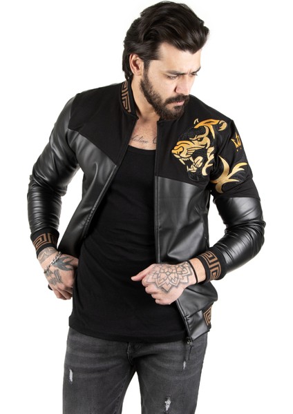 Geometrik Desenli Taşlı Suni Deri Erkek Mont 2200367 fiyatları