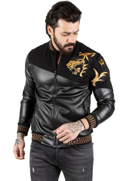 Geometrik Desenli Taşlı Suni Deri Erkek Mont 2200367 indirimleri