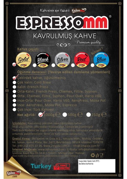 Espressomm® Gold Çekirdek Kahve (1000 Gr)