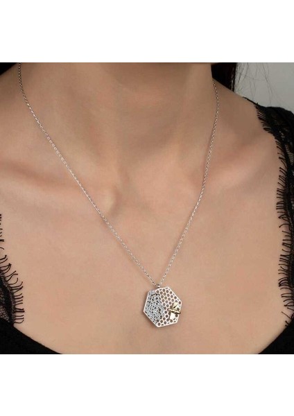 Swarovski Taşlı Petek ve Arı 925 Ayar Gümüş Kolye