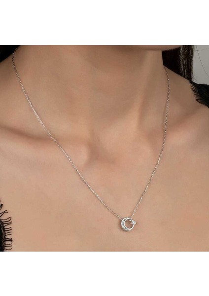 Swarovski Taşlı Ay Yıldız 925 Ayar Gümüş Kolye