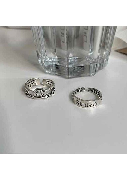 TS001287 2'li Gülümseyen Set 925 Ayar Gümüş Kadın Yüzük Ayarlanabilir