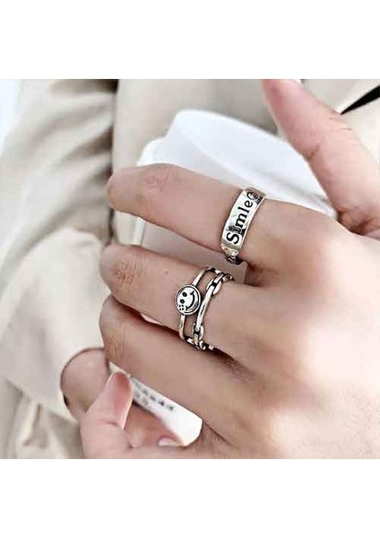 TS001287 2'li Gülümseyen Set 925 Ayar Gümüş Kadın Yüzük Ayarlanabilir fiyatları