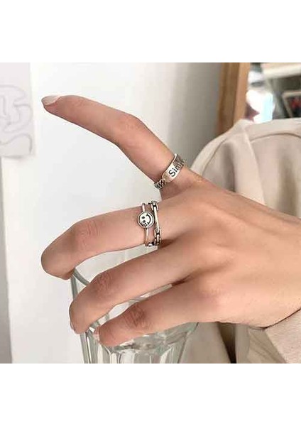 TS001287 2'li Gülümseyen Set 925 Ayar Gümüş Kadın Yüzük Ayarlanabilir modelleri