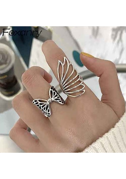 TS001311 2'li Kelebek Seti 925 Ayar Gümüş Kadın Yüzük Ayarlanabilir