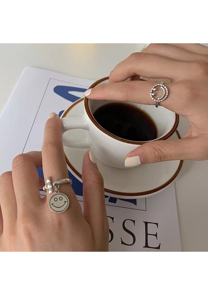 TS001293 Gülen Yüzler 2'li Set 925 Ayar Gümüş Kadın Yüzük Ayarlanabilir modelleri