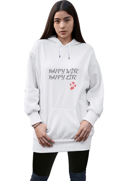 Wife And Life Kadın Uzun Hoodie Kapüşonlu Sweatshirt