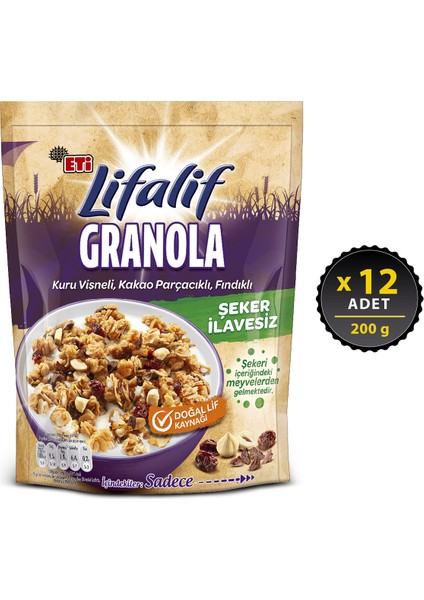 Lifalif Granola Kuru Vişneli, Kakao Parçacıklı, Fındıklı 200 g x 12 Adet