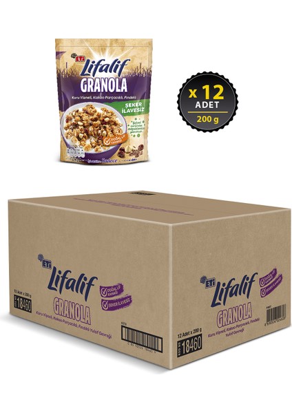 Lifalif Granola Kuru Vişneli, Kakao Parçacıklı, Fındıklı 200 g x 12 Adet