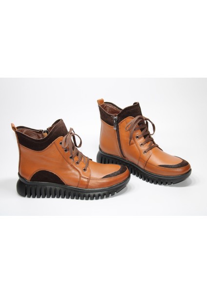 Deri Bağcık Detay Fermuarlı Kadın Taba Günlük Bot