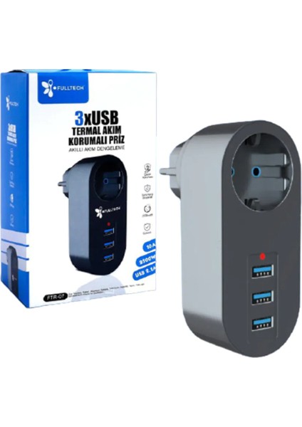 1 Priz 3xusb 2500 W 10A Priz Termal Akım Korumalı