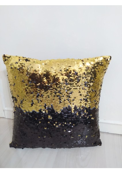 Pullu Payetli Kırlent Kılıfı Siyah - Gold 43 x 43 cm modelleri
