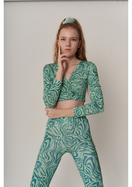 Kadın Yeşil Uzun Kol V Yaka Düğmeli Volera Crop Bluz modelleri