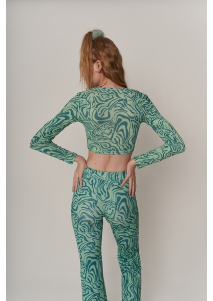 Kadın Yeşil Uzun Kol V Yaka Düğmeli Volera Crop Bluz fırsatları