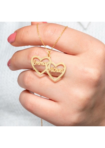 Ikili Kalp Model Kişiye Özel Isimli 925 Ayar Gold Kadın Kolye