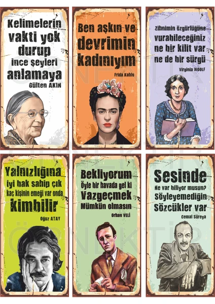 Hayat Poster Gülten Akın, F. Kahlo, Virginia Woolf, Oğuz Atay, Orhan Veli Cemal Süraya 6lı Mini Ahşap Poster Seti