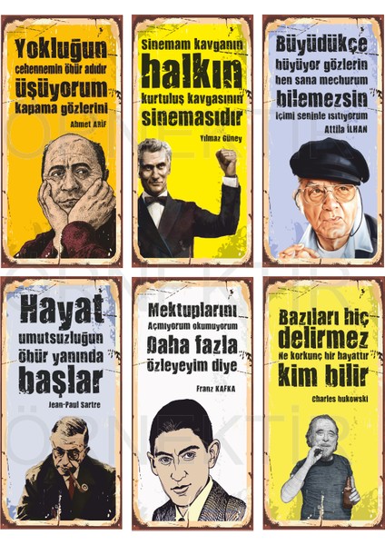 Ahmet Arif, Yılmaz Güney, Attila Ilhan, Sartre, Kafka, Bukowski 6lı Mini Retro Ahşap Poster Seti