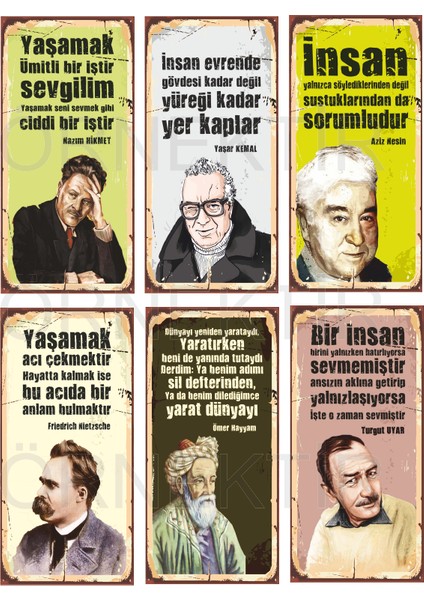 Nazım Hikmet, Yaşar Kemal, Aziz Nesin, Nietzsche, Hayyam, Turgut Uyar 6lı Mini Ahşap Poster Seti