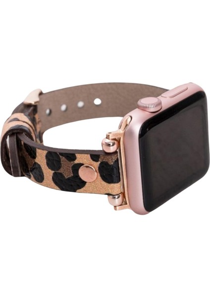 Apple Watch Uyumlu 38 40 41 mm Kadın Deri Kordon Slim - Leopar Desen