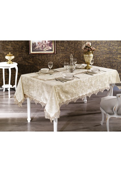 Pera Lüx Dantelli Kadife Kumaş Bej Masa Örtüsü Dikdörtgen 160x220 cm - 932