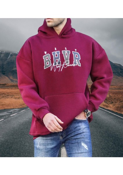 Kapüşonlu B.h.v.r Baskılı 4 Iplik Çok Kalın Pamuk Dokuma Tam Kışlık Oversize Erkek Sweatshirt