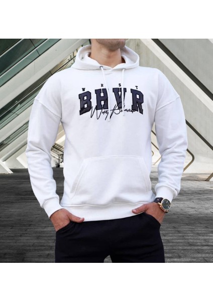 Kapüşonlu B.h.v.r Göğüs Baskılı 4 Iplik Şardonlu Pamuk Dokuma Oversize Yeni Tarz Erkek Sweatshirt
