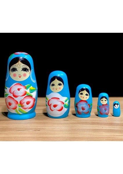 5’li Ahşap Matruşka Bebek (Mavi)