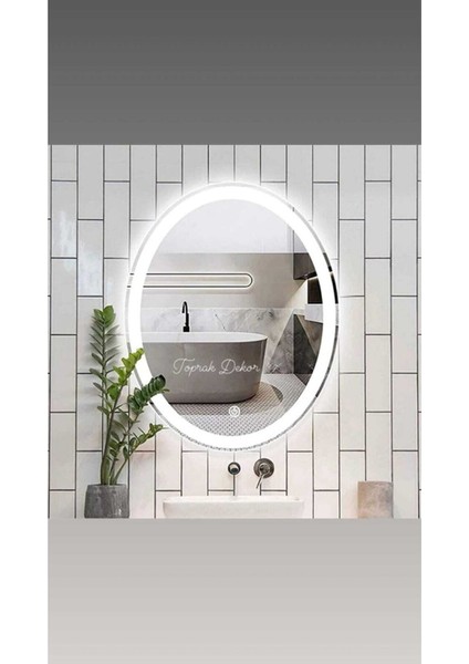80X60 cm Elips Kumlamalı Dokunmatik Beyaz Ledli Banyo Aynası