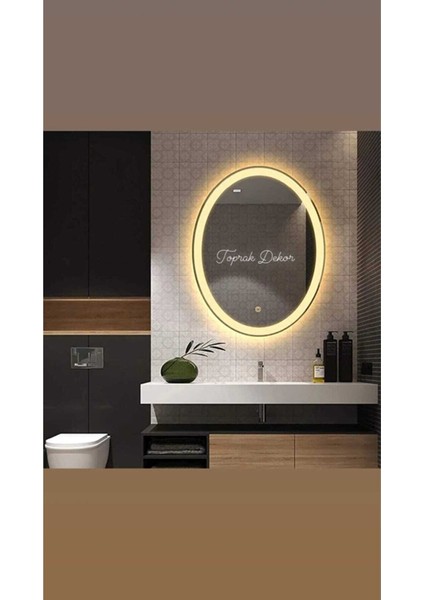 Toprak Dekor 80X60 cm Elips Kumlamalı Dokunmatik Ayna Günışığı Ledli Banyo Aynası