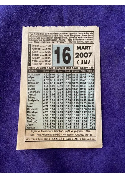 16 Mart 2007 Takvim Yaprağı - Nostalji Koleksiyonluk Takvim Yaprağı