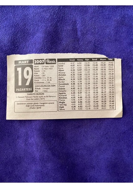 19 Mart 2007 Takvim Yaprağı - Nostalji Koleksiyonluk Takvim Yaprağı B