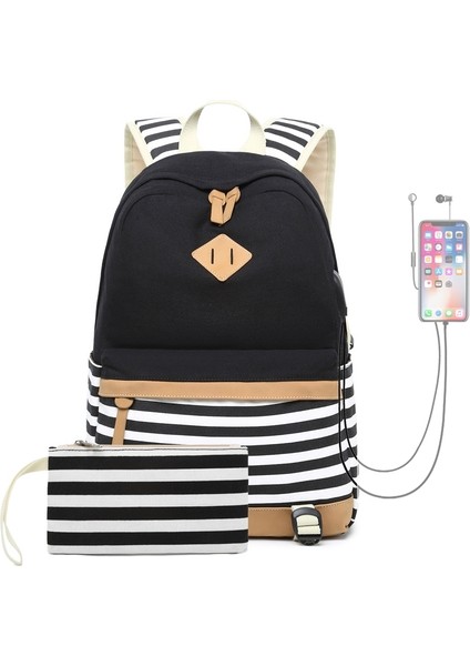 Büyük Kapasiteli Çizgi Baskılı Sırt Çantası 2 Parça - Siyah (Yurt Dışından)