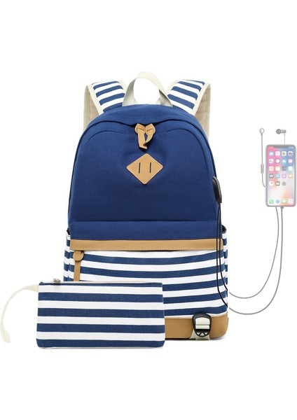 Büyük Kapasiteli Çizgi Baskılı Sırt Çantası 2 Parça - Koyu Mavi (Yurt Dışından)