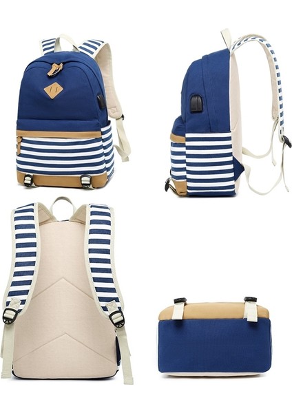 Büyük Kapasiteli Çizgi Baskılı Sırt Çantası 2 Parça - Koyu Mavi (Yurt Dışından) fiyatları