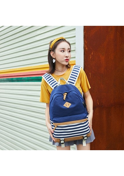 Büyük Kapasiteli Çizgi Baskılı Sırt Çantası 2 Parça - Koyu Mavi (Yurt Dışından) fırsatları