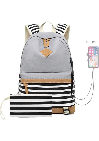 Büyük Kapasiteli Çizgi Baskılı Sırt Çantası 2 Parça - Gri (Yurt Dışından)