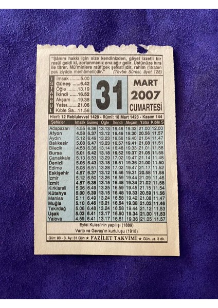31 Mart 2007 Takvim Yaprağı - Nostalji Koleksiyonluk Takvim Yaprağı