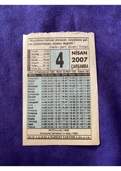 4 Nisan 2007 Takvim Yaprağı - Nostalji Koleksiyonluk Takvim Yaprağı
