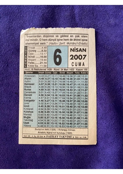 6 Nisan 2007 Takvim Yaprağı - Nostalji Koleksiyonluk Takvim Yaprağı