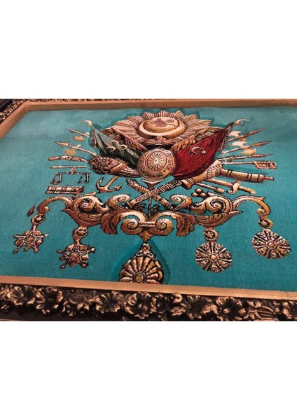 Osmanlı Devlet Arması Halı Kilim Tablo 95X75CM Turkuaz - Iran Tebriz Halı Tablo fırsatları